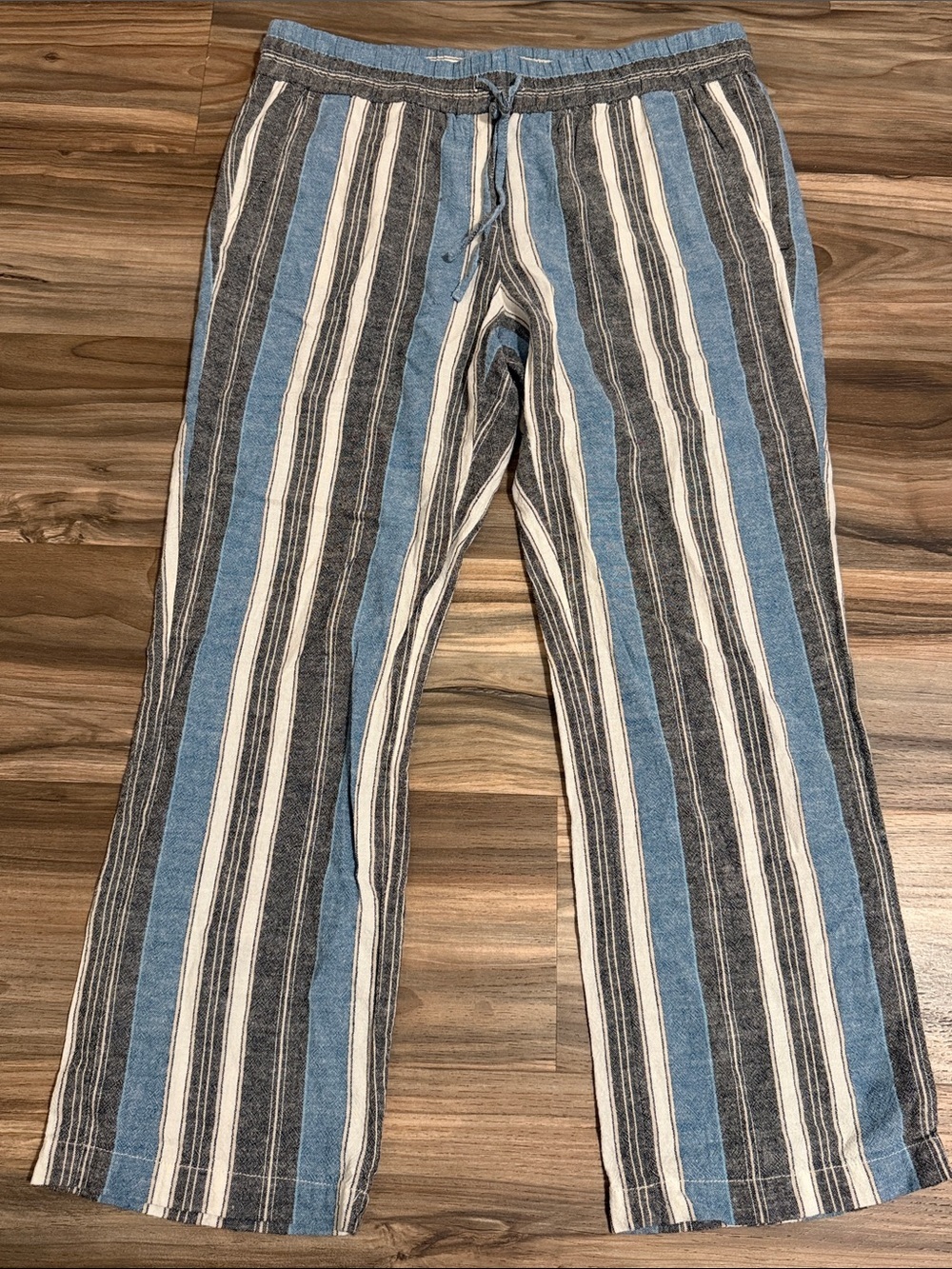 Ann Taylor Factory Linen Blend Pants Black Blue Striped Women’s L Wide Leg